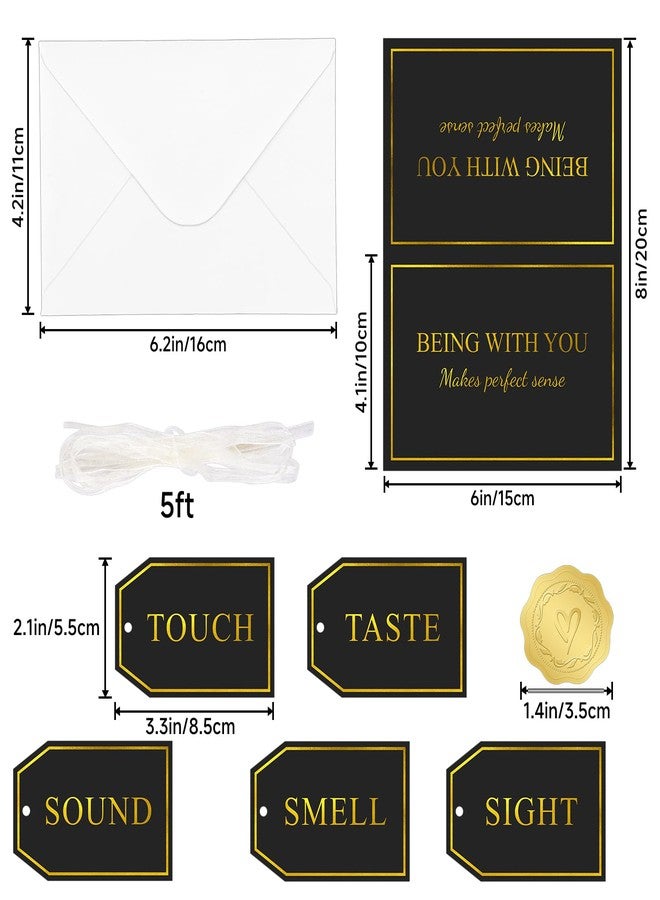 joycraft 5 Sence Gift Tags Set - Black & Gold Foil Five Senses Gift Wrapping Tag for Anniversary, Valentine's Day, Birthday - 5 Tags + 1 Greeting Card + Sticker + Ribbon - Image 2